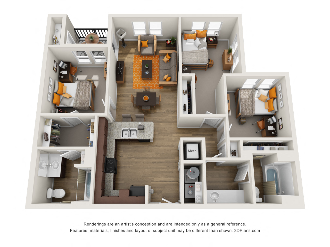 Floor plan for 3 beds, 2 baths, 1165 sqft